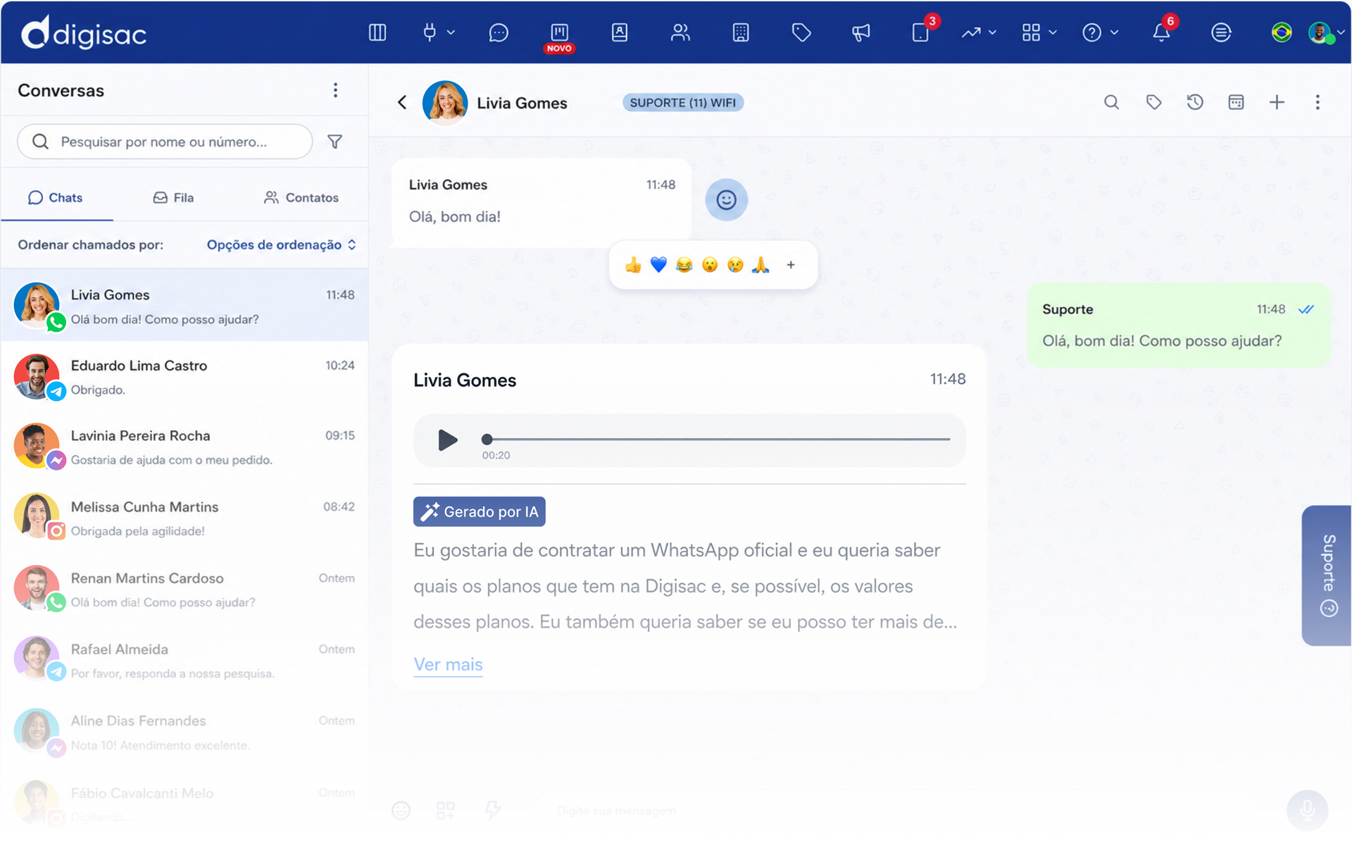 Tela de conversas da Digisac: atendimento no WhatsApp com transcrição e resposta geradas por agente de IA.