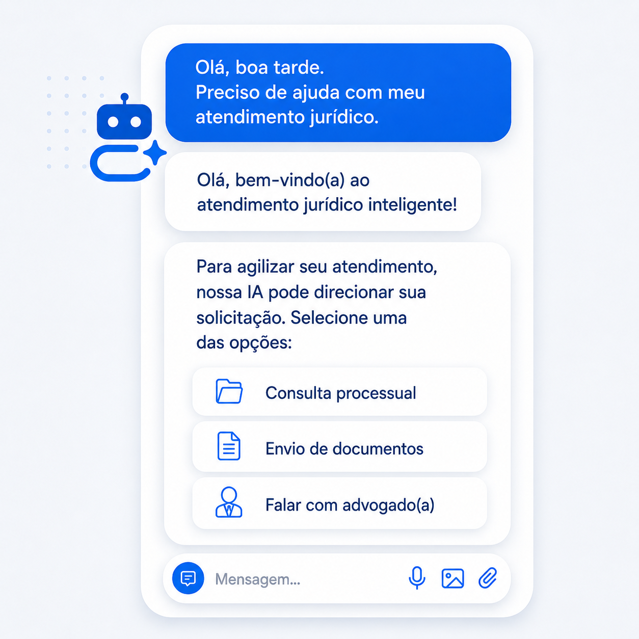 Exemplo de atendimento jurídico inteligente com IA no WhatsApp